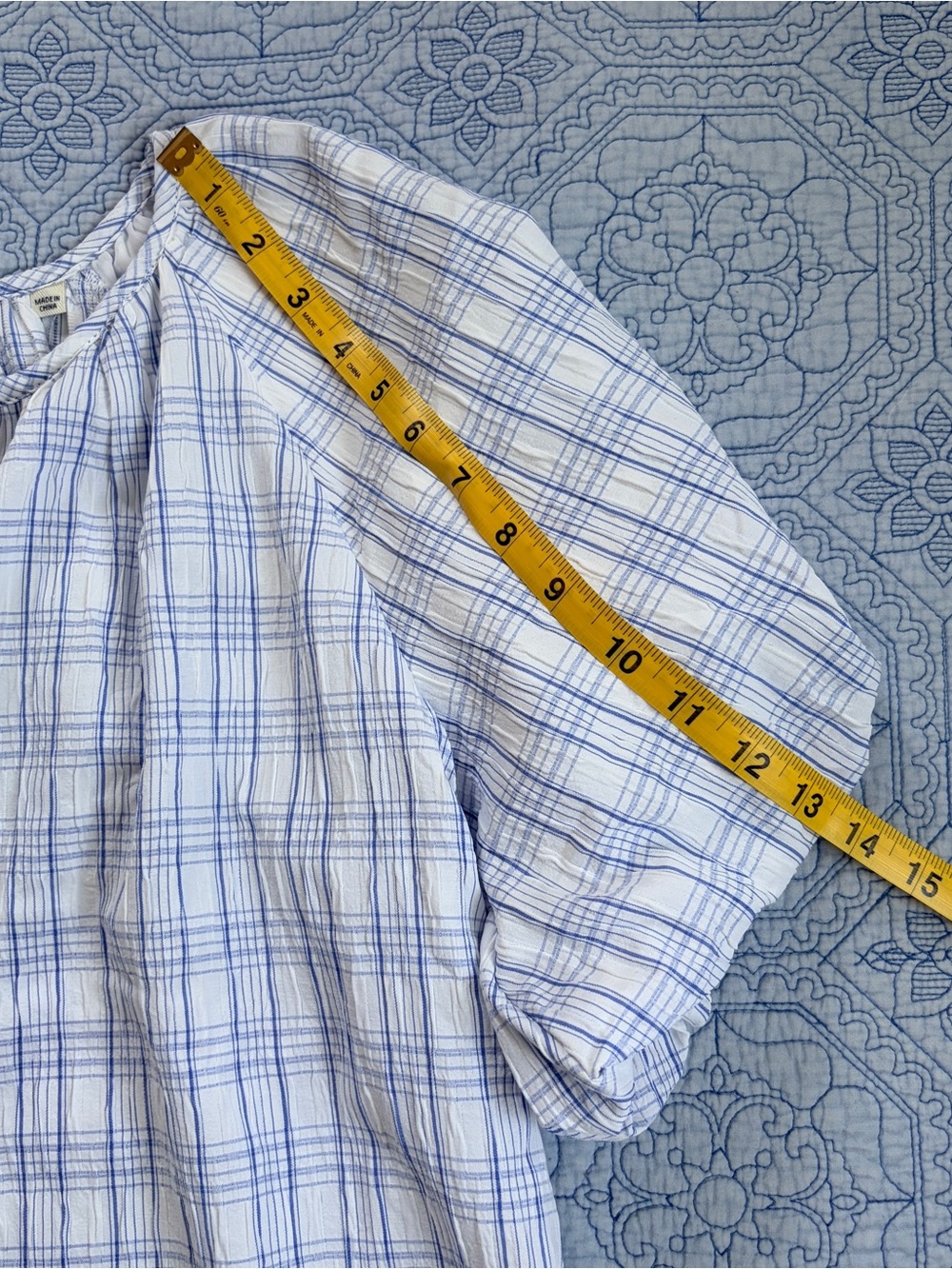 Max Studio Light Blue & White Plaid Puff-Sleeve Peasant Top - Picture 5 of 6